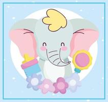 baby shower, cute elephant with rattle and bottle feed, announce newborn welcome card vector