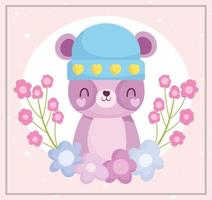 baby shower, lindo oso de peluche con sombrero y dibujos animados de decoración de flores, anuncia la tarjeta de bienvenida del recién nacido vector