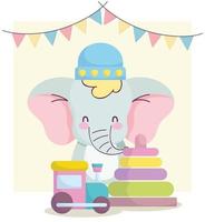 baby shower, lindo elefante con tren de sombrero y dibujos animados de juguetes piramidales, anuncia la tarjeta de bienvenida del recién nacido vector