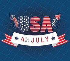 Usa text with fireworks and 4th july ribbon vector design