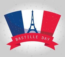 france eiffel tower inside flag with ribbon of happy bastille day vector design