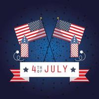 Usa flags with 4th july ribbon and fireworks vector design