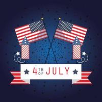 Usa flags with 4th july ribbon and fireworks vector design