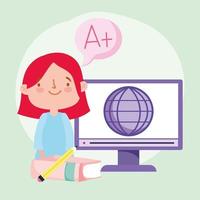 online education student little girl with computer world book vector