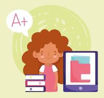 online education cute student girl smartphone books homework vector