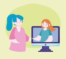 educación en línea maestra y niña comunicación por video por computadora vector