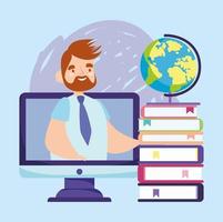 online education teacher video computer stack books and school globe vector