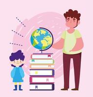 online education teache and student boy with school globe and books vector