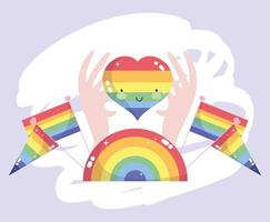 Dibujos animados de corazón lgtbi con manos y banderas diseño vectorial vector