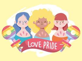 Dibujos animados de niñas con género femenino y masculino lgtbi con diseño de vector de cinta