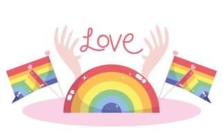 Banderas de sello de medio sello lgtbi y texto de amor con diseño vectorial de manos vector