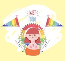 caricatura de niña con banderas lgtbi y sello de sello con diseño de vector de hojas