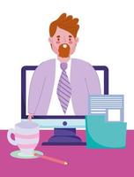 online education male teacher in video computer folder and coffee cup vector