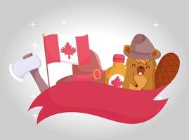 Castor con bandera canadiense y diseño vectorial de conjunto de iconos vector