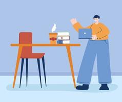 Man with laptop and books on desk vector design