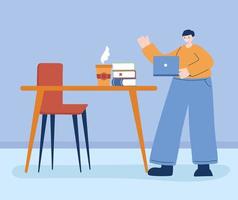 Man with laptop and books on desk vector design