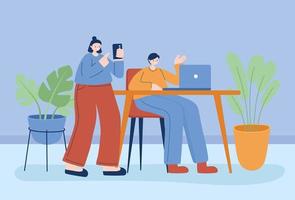 Woman and man with smartphone and laptop on desk vector design