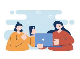 Women with smartphone and laptop vector design