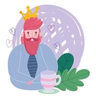 happy fathers day, man with crown and coffee cup cartoon vector