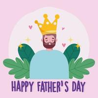 happy fathers day, bearded dad with crown love hearts card vector