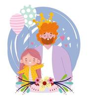 happy fathers day, man with crown daughter and balloons decoration vector