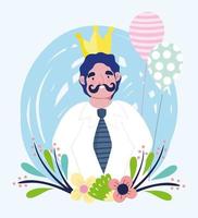 feliz día del padre, personaje de papá con flores y globos de corona dorada vector