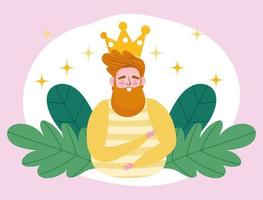 happy fathers day, bearded man with gold crown foliage decoration vector