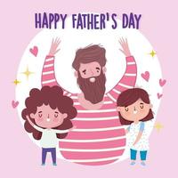 happy fathers day, celebrating dad with son and daughter hearts cartoon vector