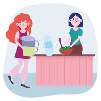 Gente cocinando, mujer y niña con jarra de jugo de verduras en un tazón de cocina de mostrador vector