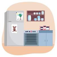 fridge stove cabinet ingredients and tableware in shelf cooking vector