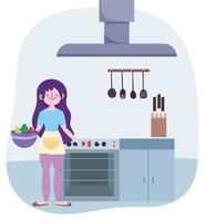 people cooking, girl with vegetables bowl stove furniture kitchen vector