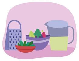 juice jar grater bowls with vegetables and lettuce cooking vector