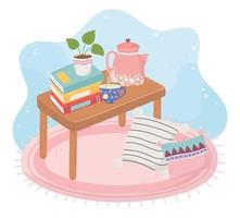 Mesa dulce hogar con pila de libros planta en maceta taza de té hervidor vector