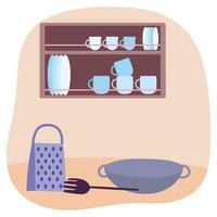 saucepan grater spatula and tableware in shelf cooking vector