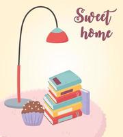 sweet home stack of books floor lamp cupcake on carpet vector