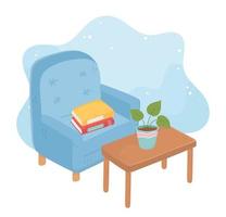 Sillón de casa dulce con libros planta en maceta en la mesa vector