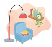 Sillón de casa dulce con lámpara de pie de libros, libros de plantas en macetas en el estante vector