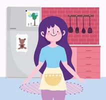 girl with fridge cutlery in the kitchen vector