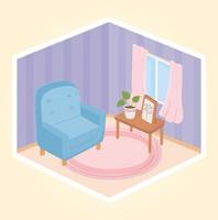 sweet home armchair table with plant and frame window decoration vector