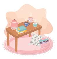 Mesa de dulce hogar con café, tazas de té, hervidor de agua y libros. vector