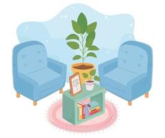 sillones para el hogar dulce marco de fotos de plantas en maceta libros y alfombras vector