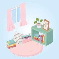 sweet home stack of books potted plant cushions carpet and window vector