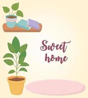 dulce hogar estante de madera plantas en macetas libros y alfombras vector