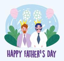 happy fathers day, young men with crowns and balloons decoration vector