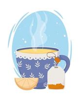 tea time, blue cup teabag and slice lemon fresh design vector