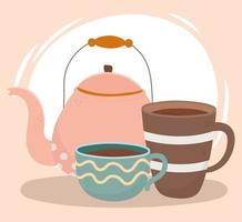 coffee time, kettle and cups porcelain fresh aroma beverage vector