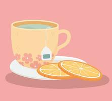 la hora del té, la taza de té y las naranjas en rodajas en el diseño de un plato vector