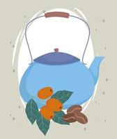 la hora del café, semillas de hervidor azul y bayas bebida de aroma fresco vector