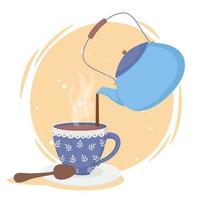 la hora del café, hervidor de agua vertiendo en taza cuchara bebida fresca vector