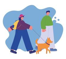 actividades de personas, pareja caminando con su mascota de perro de dibujos animados vector